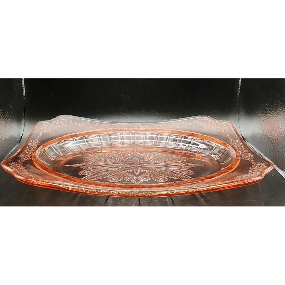 Vintage Jeanette Pink Depression Glass Curved Platter Adam Pattern 11.75